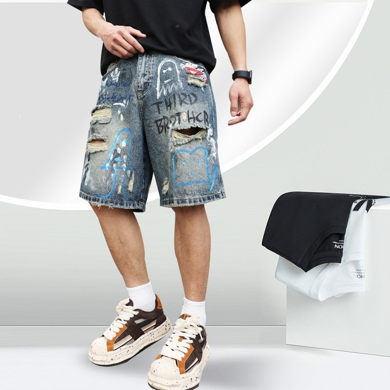Ripped Jeans Shorts für Herren mit Graffiti