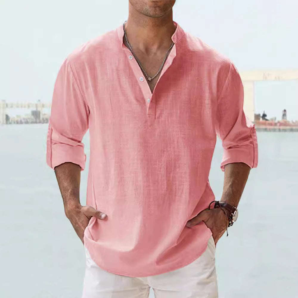 Männer-Linen-Long-Sleeve-Top mit Stand-Up-Hals – Bild 4 | LuxeStyle