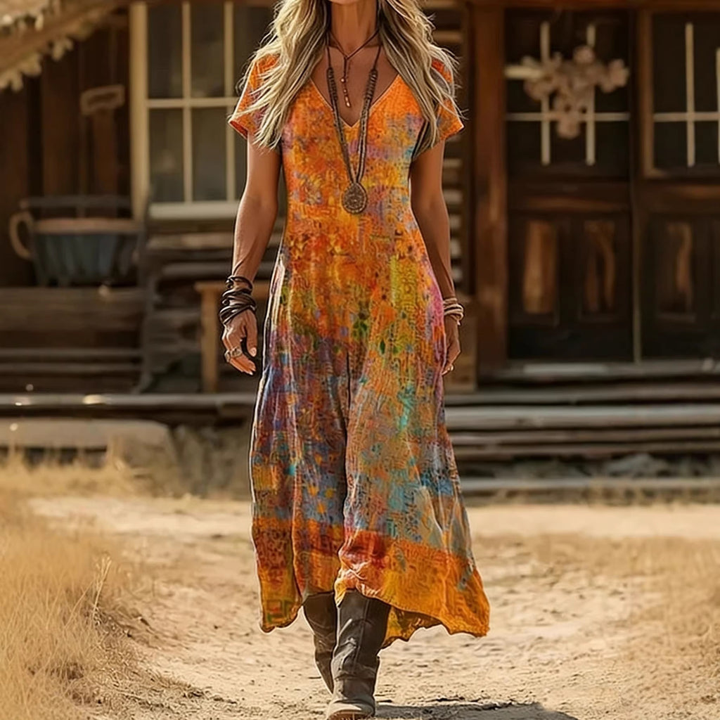 V-Ausschnitt Maxikleid mit Print – Bild 7 | LuxeStyle