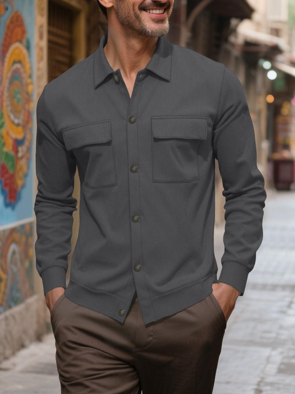 Herren Corduroy Hemd-Jacke mit Brusttasche