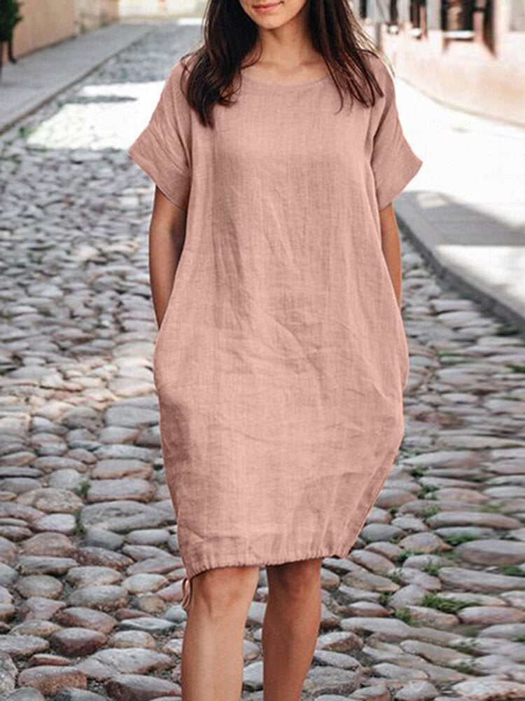 Loose-fit Baumwoll-Leinen Kleid mit kurzen Ärmeln | LuxeStyle