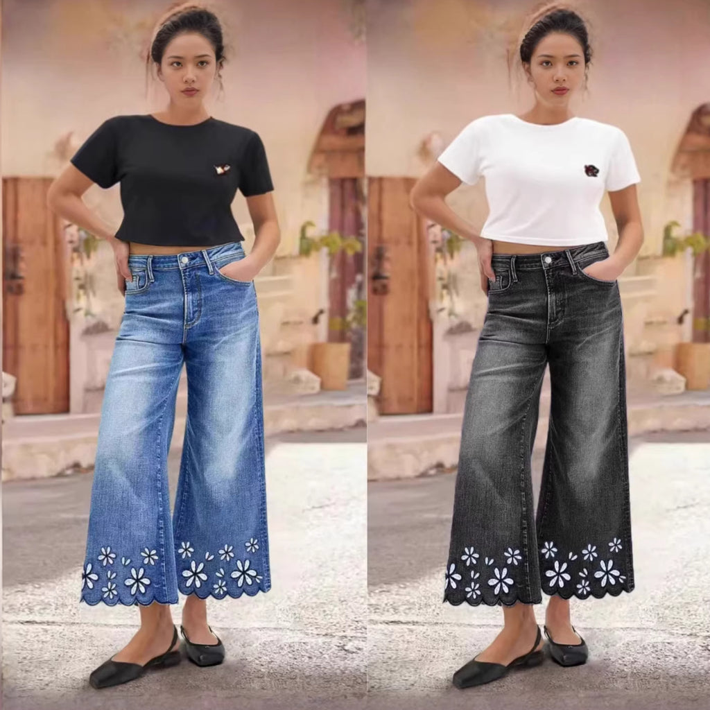 Chrysanthemen-Steppung Casual Stretch Damen Crop-Jeans