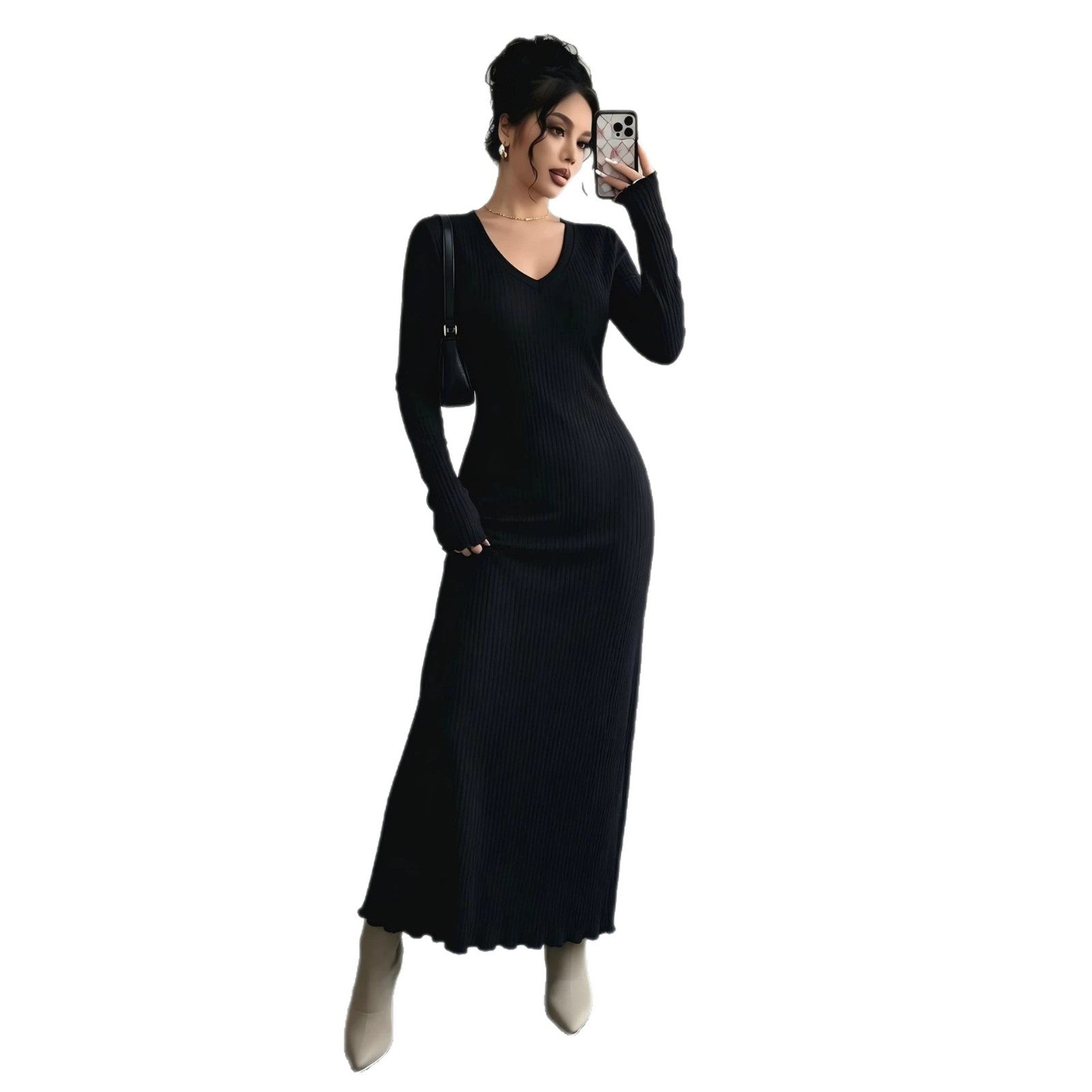 Geripptes Strickkleid mit V-Ausschnitt