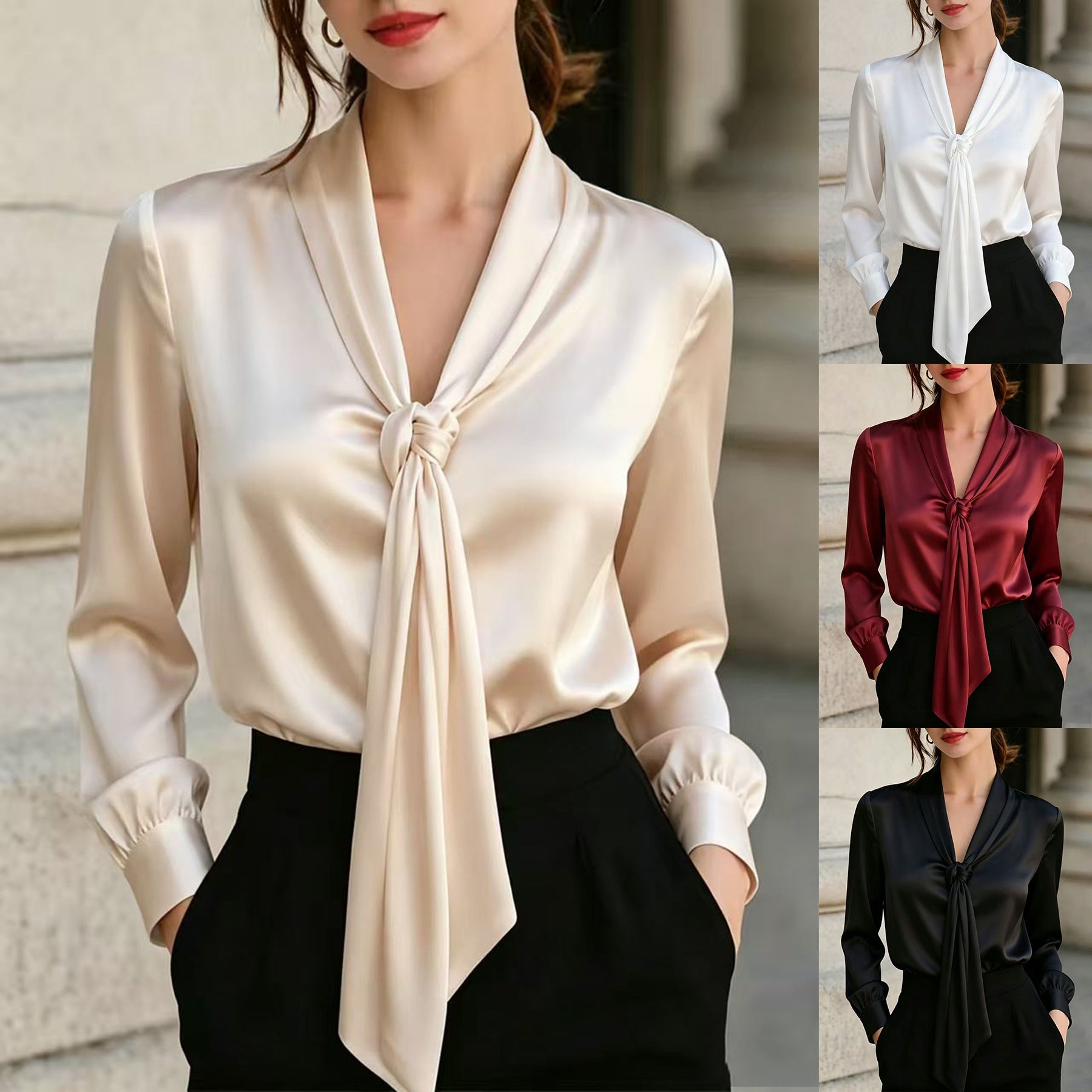 Satin V-Ausschnitt Langarm-Shirt mit Knoten