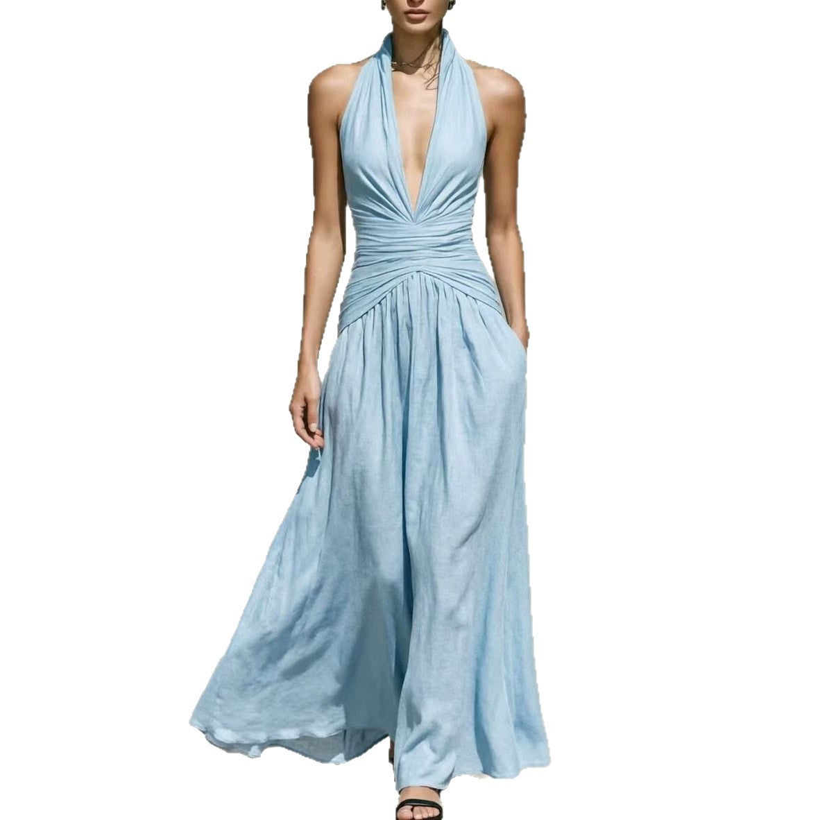 V-Ausschnitt Kleid, Taille betonend, slim-fit, weite Maxi-Rockschleppe