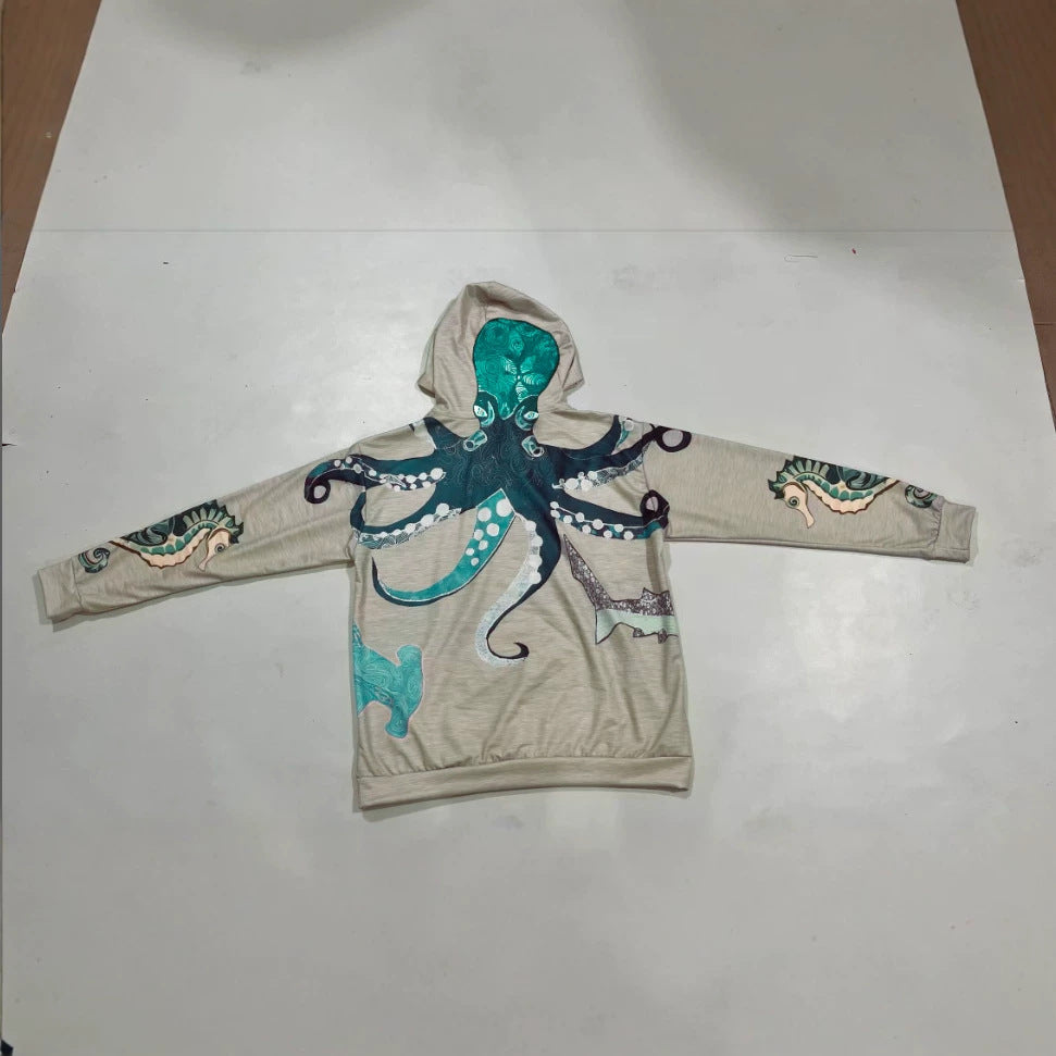 Kapuzen-Sweatshirt mit Krakenmuster und Fleecefutter