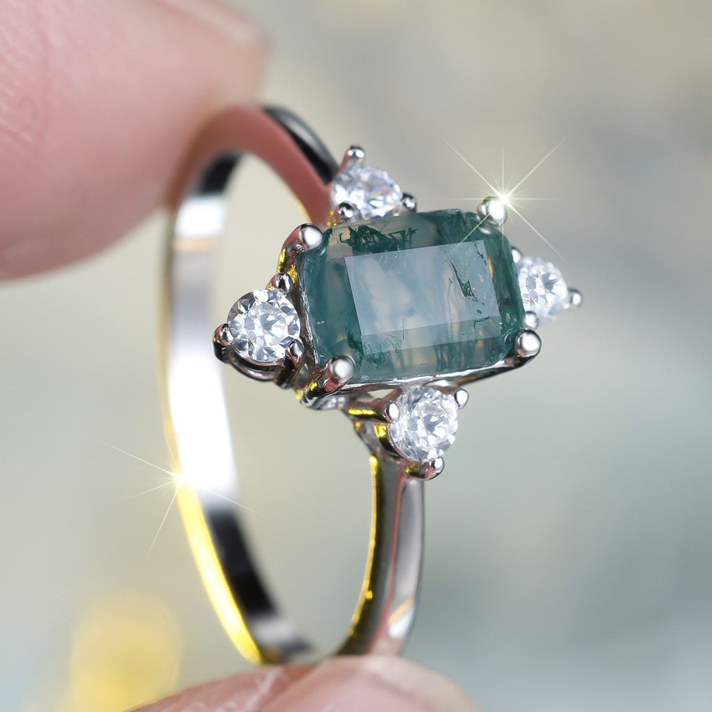Silberring mit Moosachat und Zirkonia