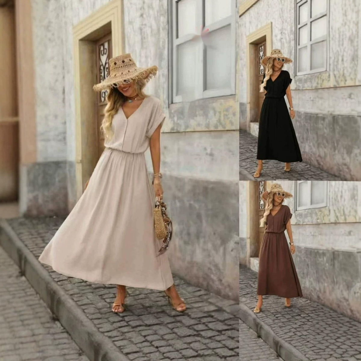 Kurzärmliges A-Linien-Kleid mit V-Ausschnitt – Bild 2 | LuxeStyle