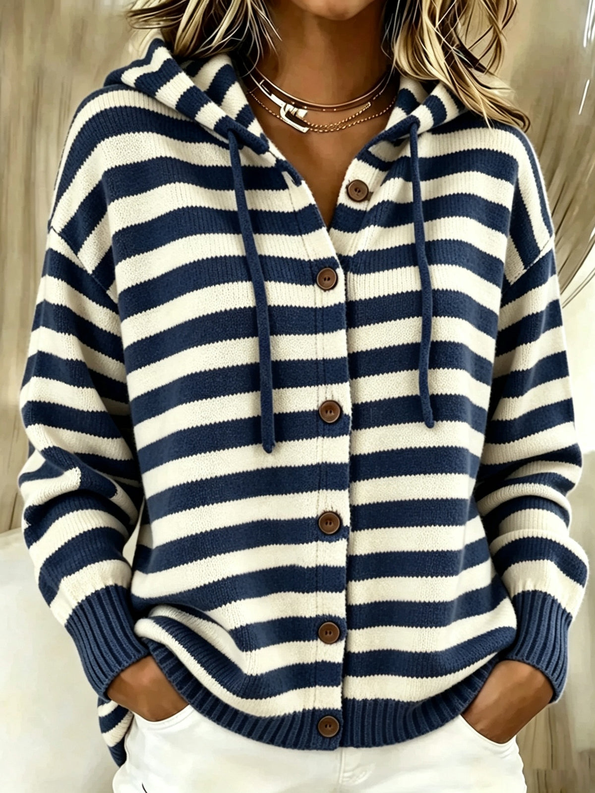 Gestreifte Kapuzen-Strickjacke für Damen – Bild 3 | LuxeStyle