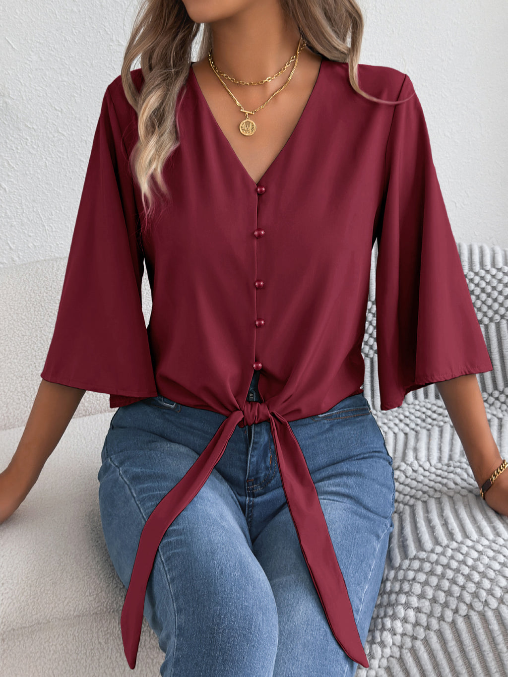 V-Ausschnitt Top mit 3/4-Ärmeln – Bild 13 | LuxeStyle