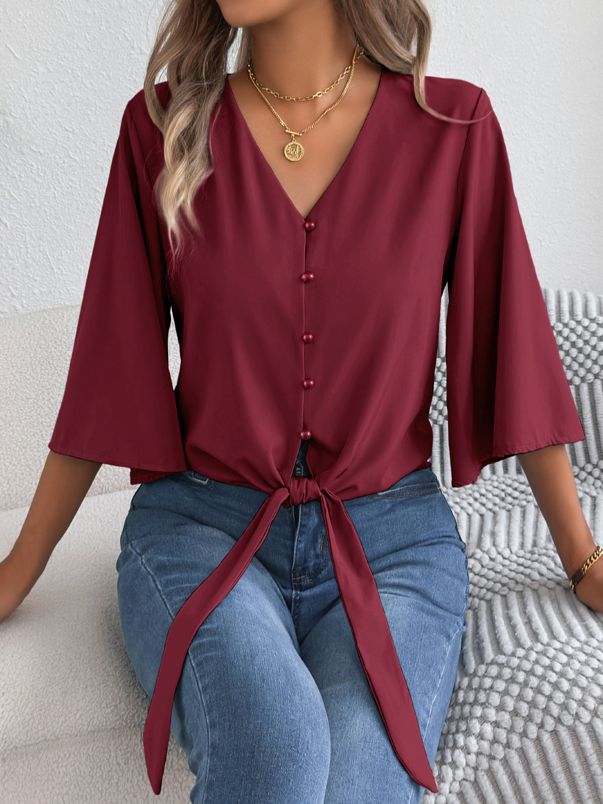 V-Ausschnitt Top mit 3/4-Ärmeln – Bild 13 | LuxeStyle
