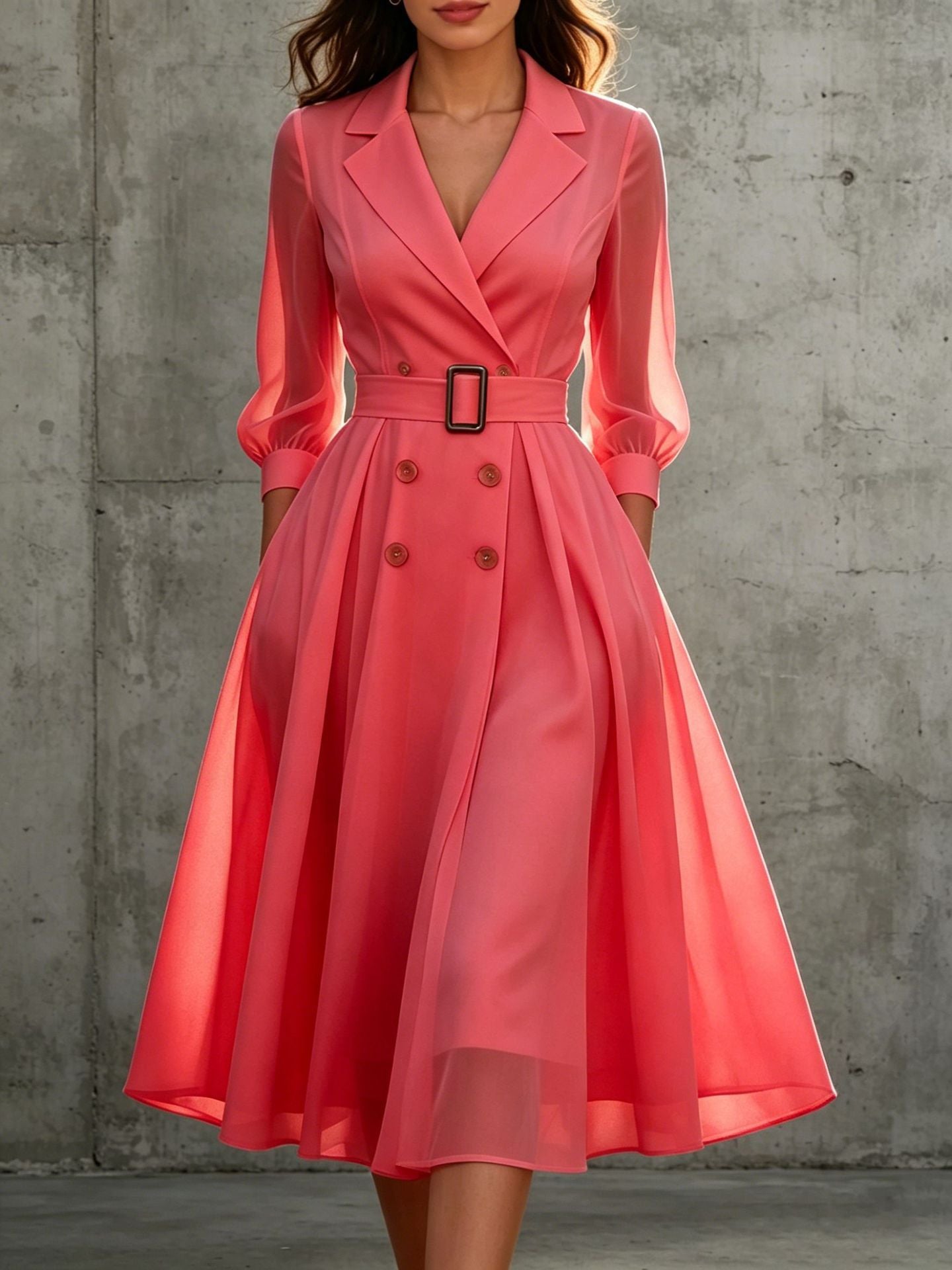 V-Ausschnitt Tailliertes Langarmkleid Damen