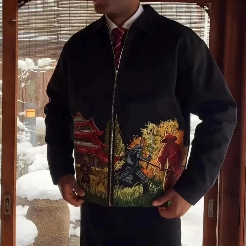 Bestickte Retro-Herrenjacke mit Reissverschluss