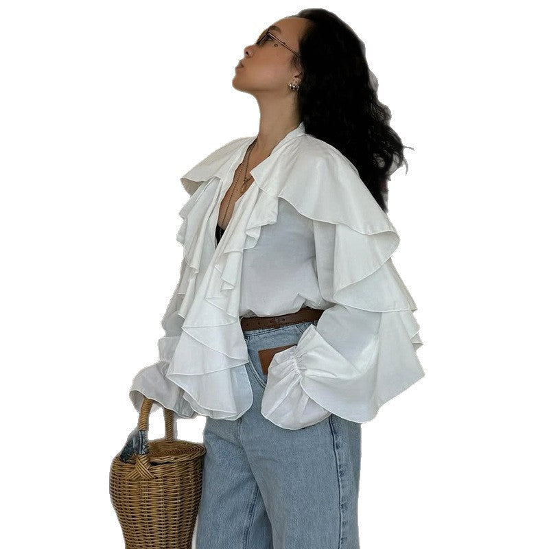 V-Ausschnitt Langarmshirt mit Rüschen – Bild 6 | LuxeStyle