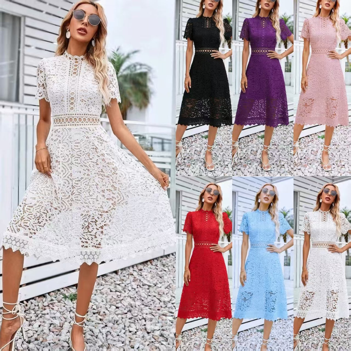 Elegantes Midi-Kleid aus Spitze mit Häkel-Details – Bild 3 | LuxeStyle