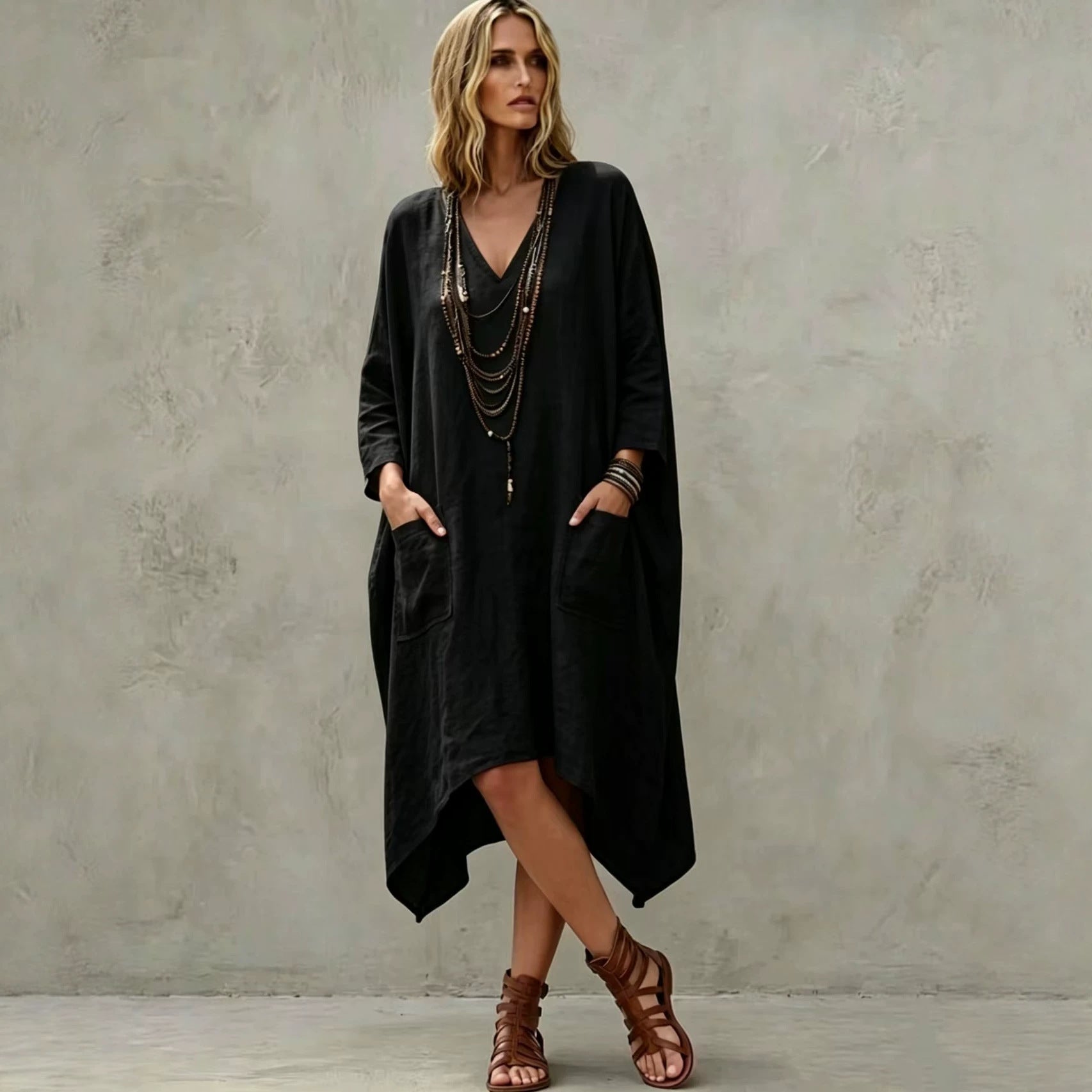 Lässiges V-Neck 3/4-Arm Kleid