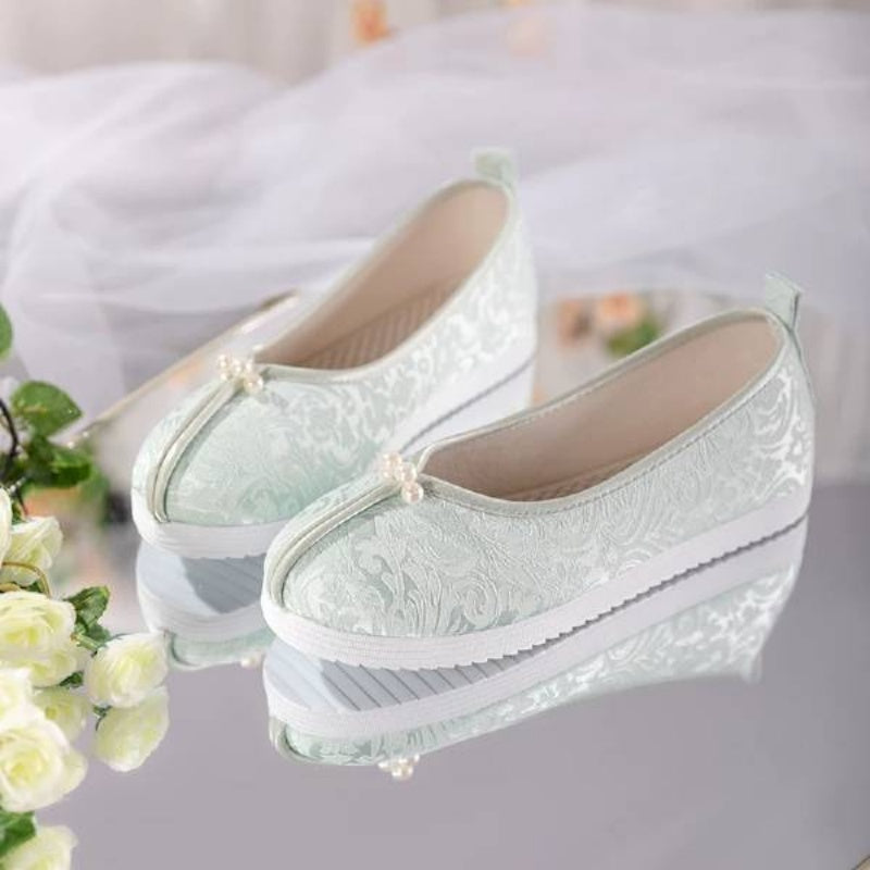 Jacquard Satin Flats mit Perlen