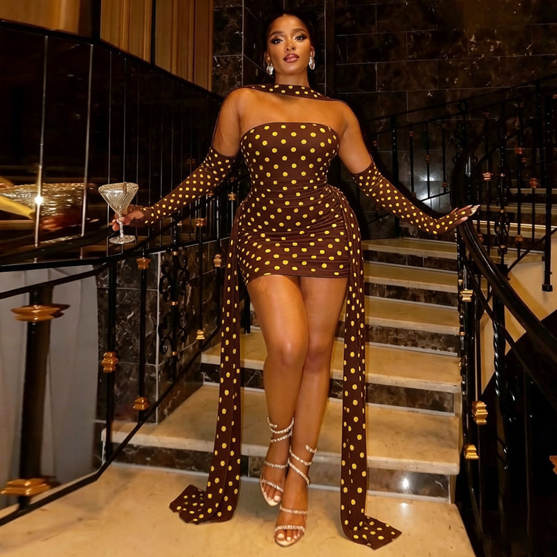 Polka-Dot Halterneck-Kleid mit fliessenden Bändern