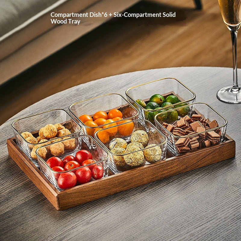 Glas-Servierplatte mit Holztablett