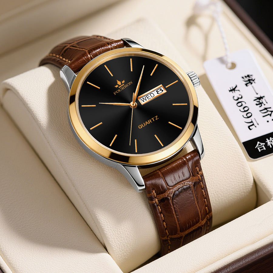 Herren-Quarzuhr mit Dual-Kalender und Lederarmband – Bild 4 | LuxeStyle