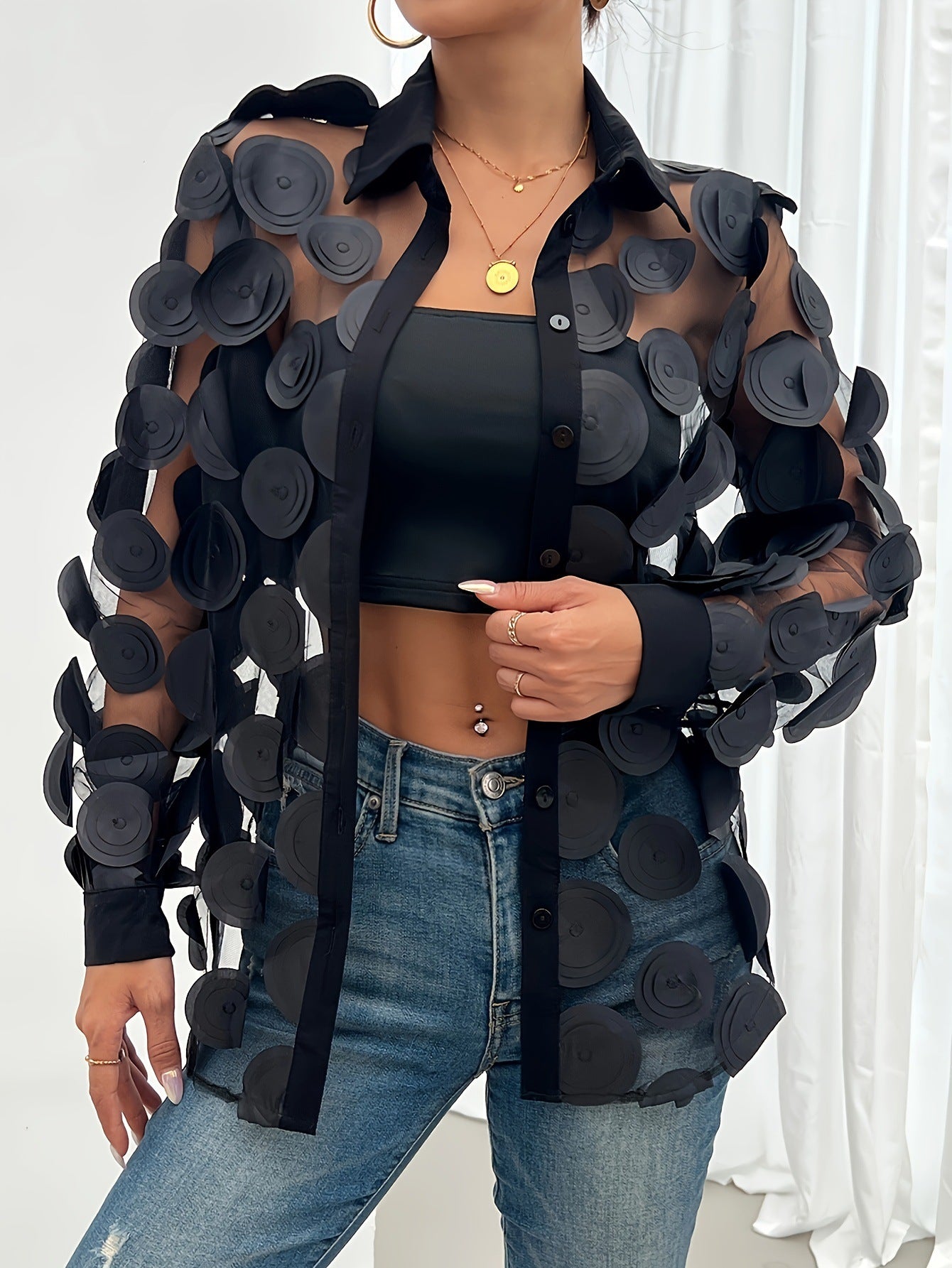 2-teilige Mesh-Bluse «Résille» – Langarm mit Hollow-out