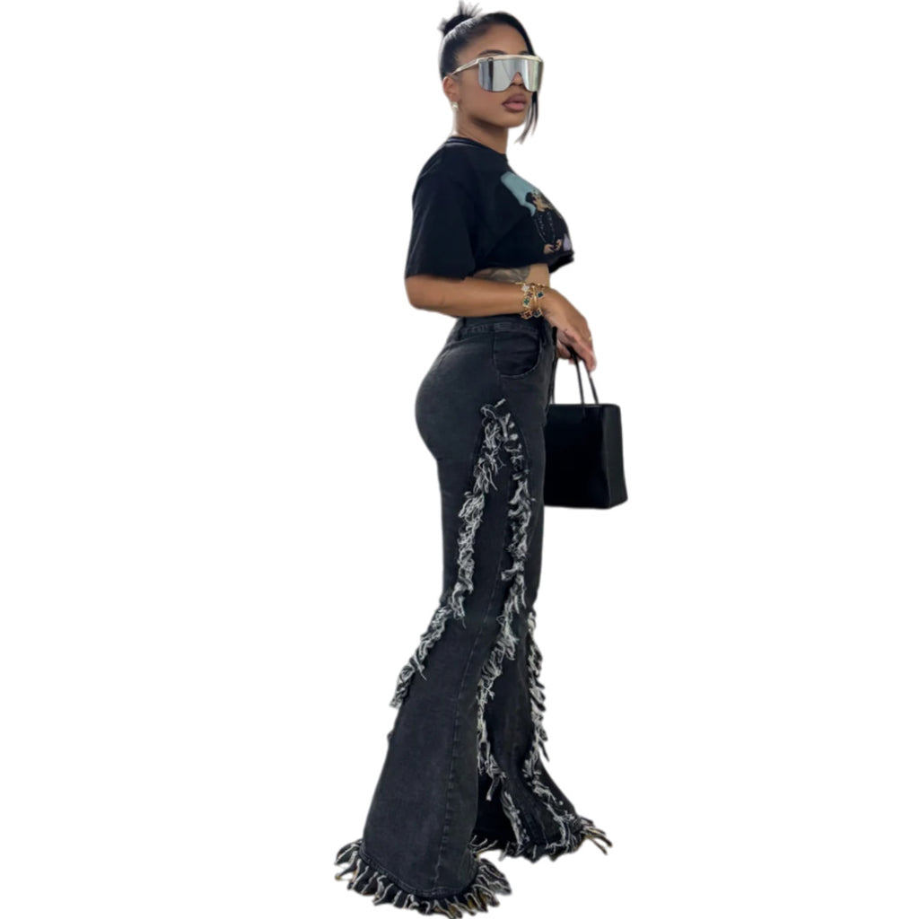 Stretch-Flare-Jeans mit Fransen