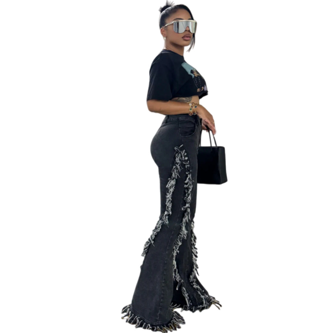 Stretch-Flare-Jeans mit Fransen