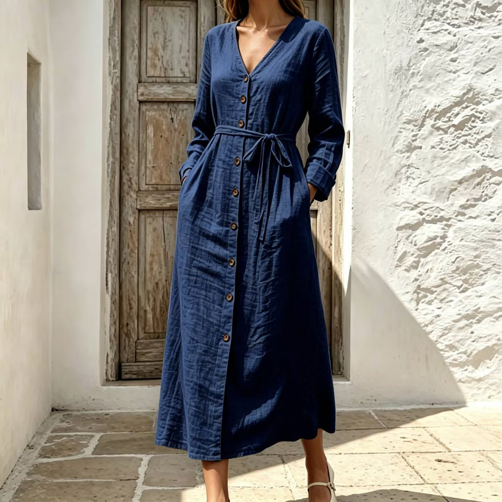 Baumwoll-Leinen V-Ausschnitt Kleid | LuxeStyle