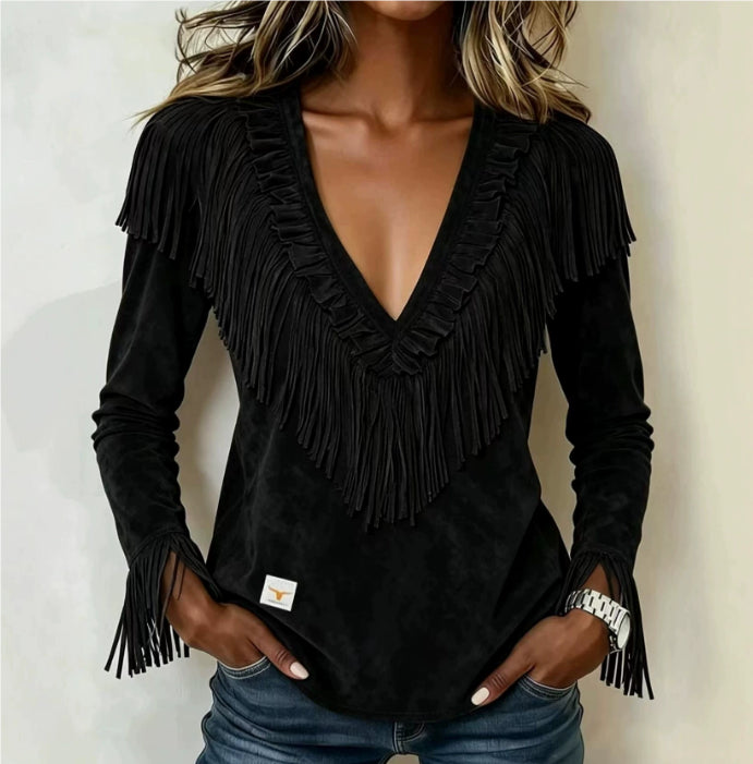 Damenbluse aus Wildlederimitat mit V-Ausschnitt – Bild 5 | LuxeStyle