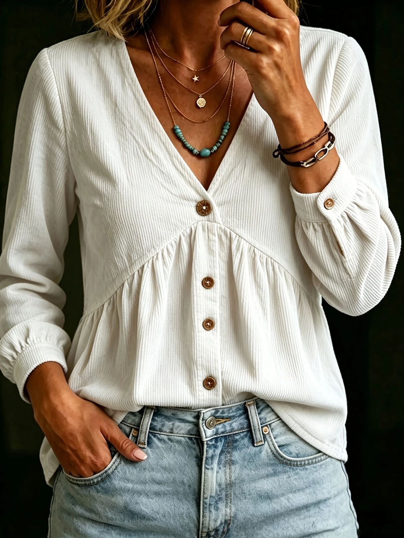 Corduroy V-neck Button-down Shirt