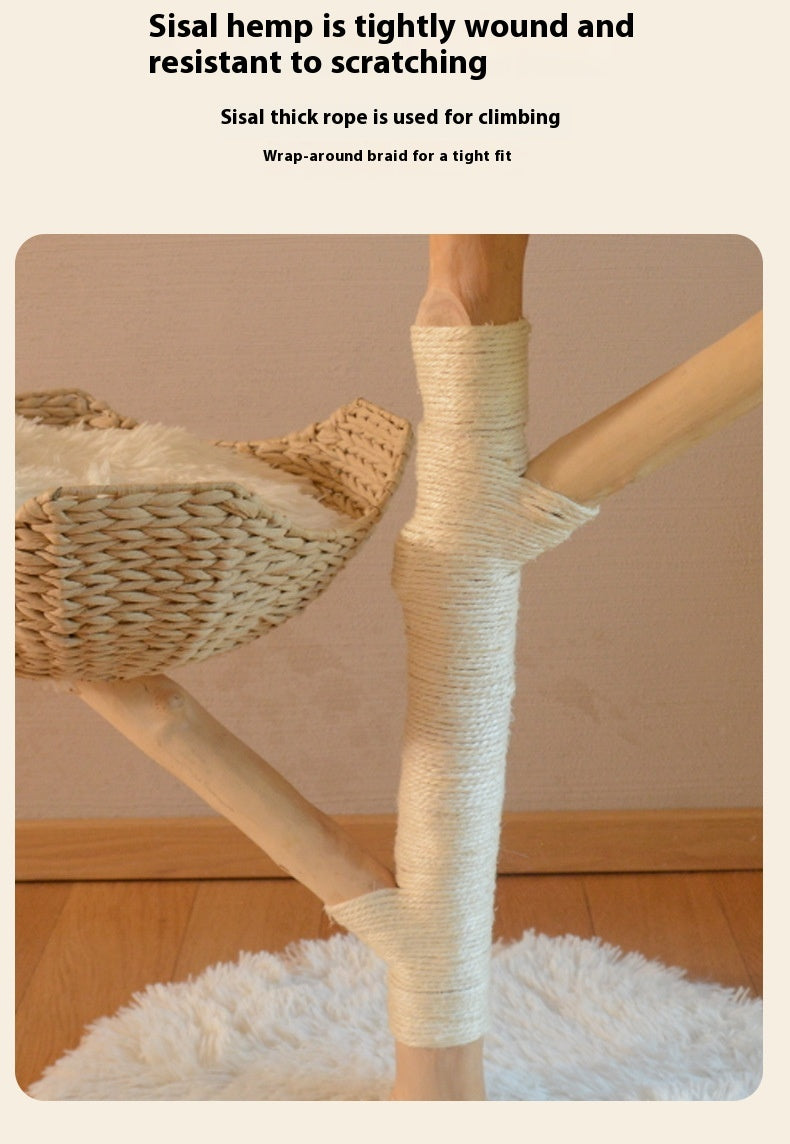 Naturholz Katzenkratzbaum mit Rattan-Nest