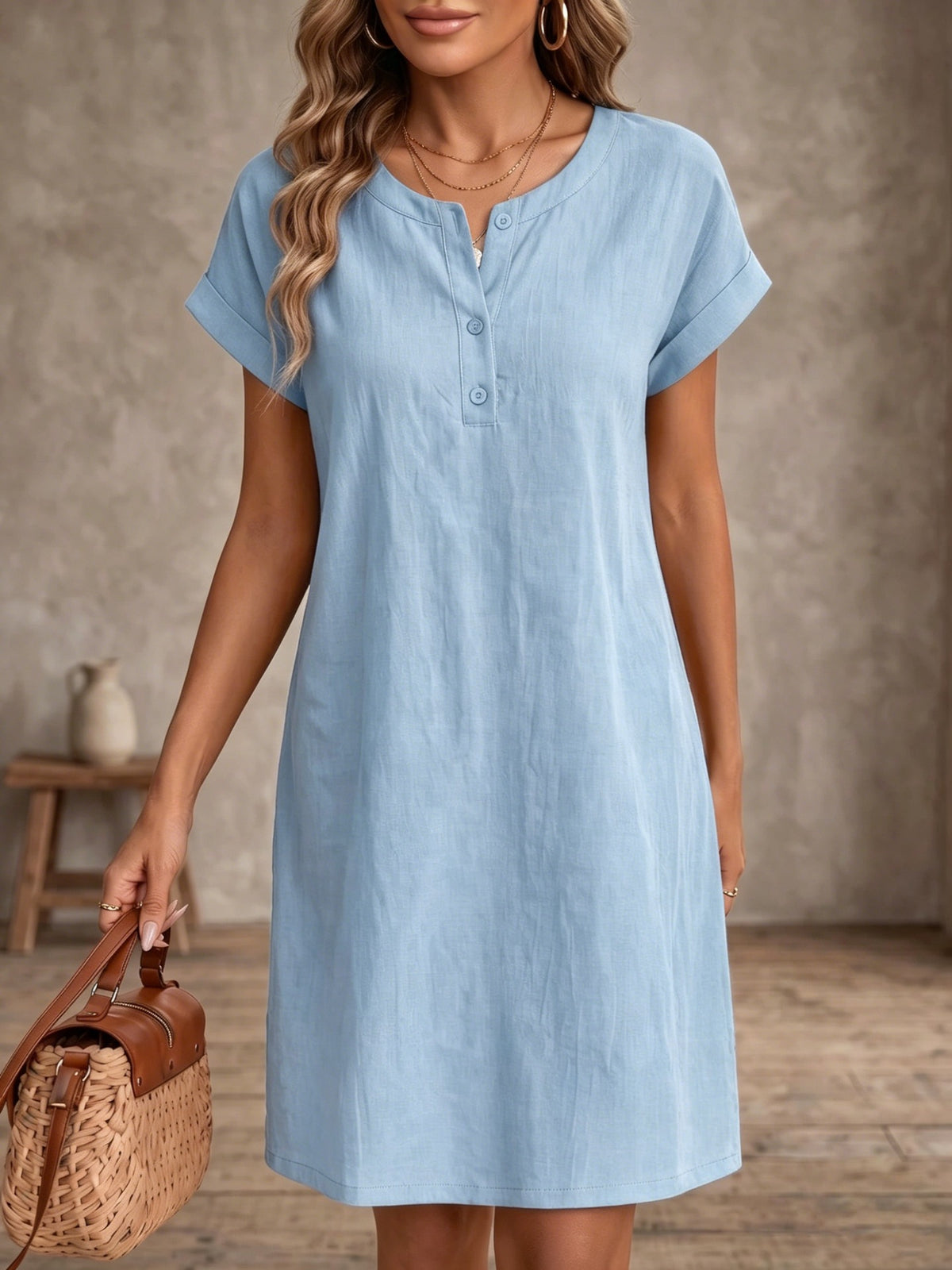 Loose Fit Midi-Kleid mit Rundhals und Knöpfen – Bild 5 | LuxeStyle