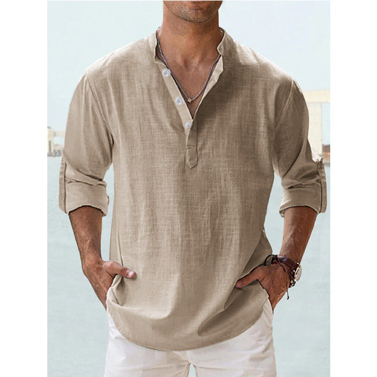 Männer-Linen-Long-Sleeve-Top mit Stand-Up-Hals – Bild 6 | LuxeStyle