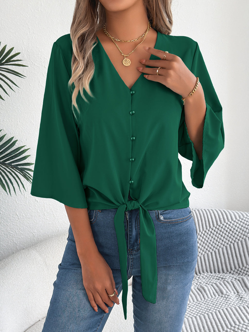 V-Ausschnitt Top mit 3/4-Ärmeln – Bild 11 | LuxeStyle