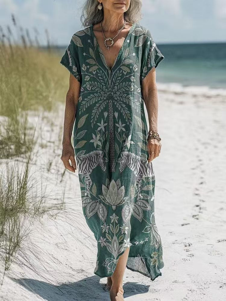 Retro-Print V-Ausschnitt Freizeitkleid – Bild 4 | LuxeStyle