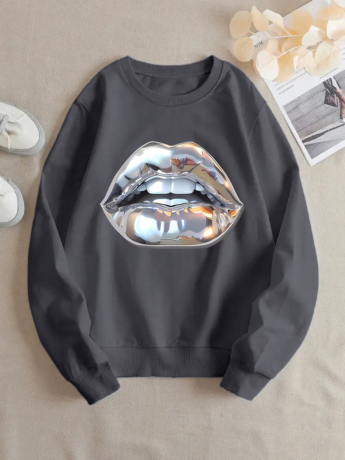 Cartoon Sweatshirt mit Lippen-Print für Damen
