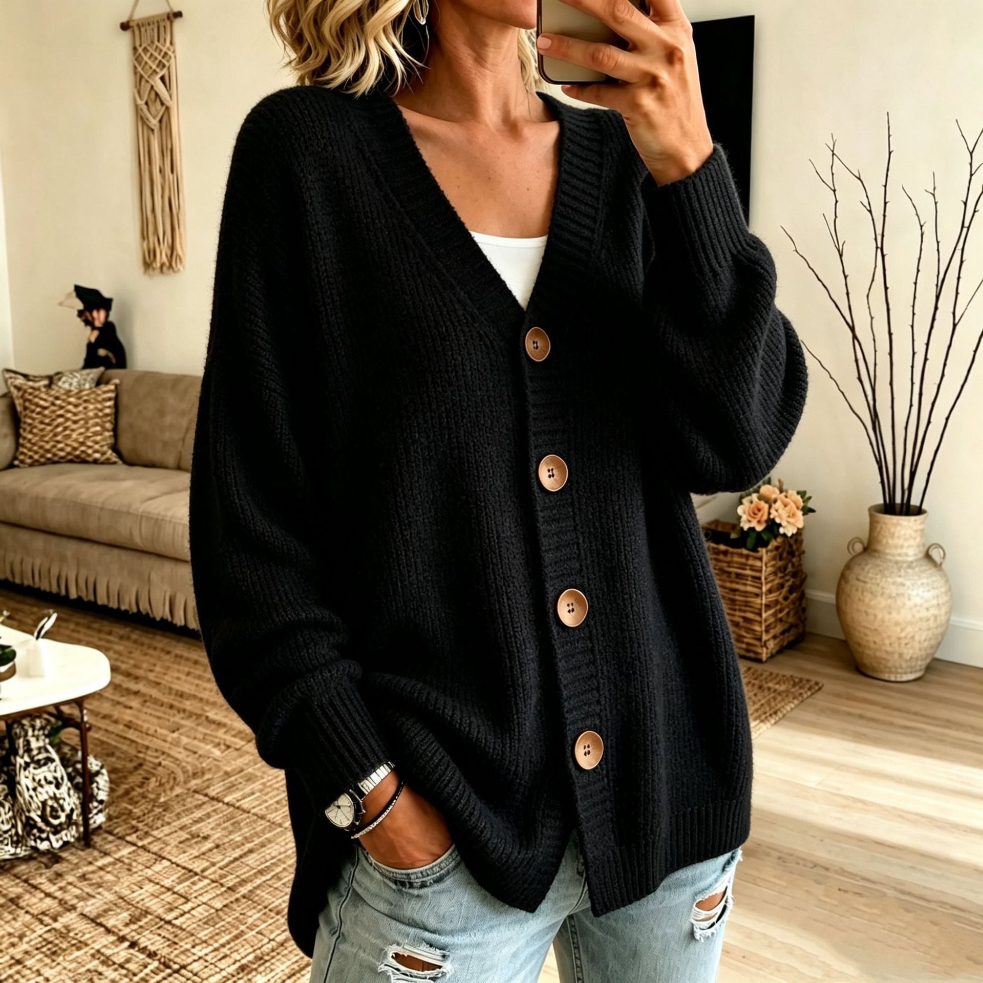 V-Neck Strick-Cardigan mit Knopfleiste