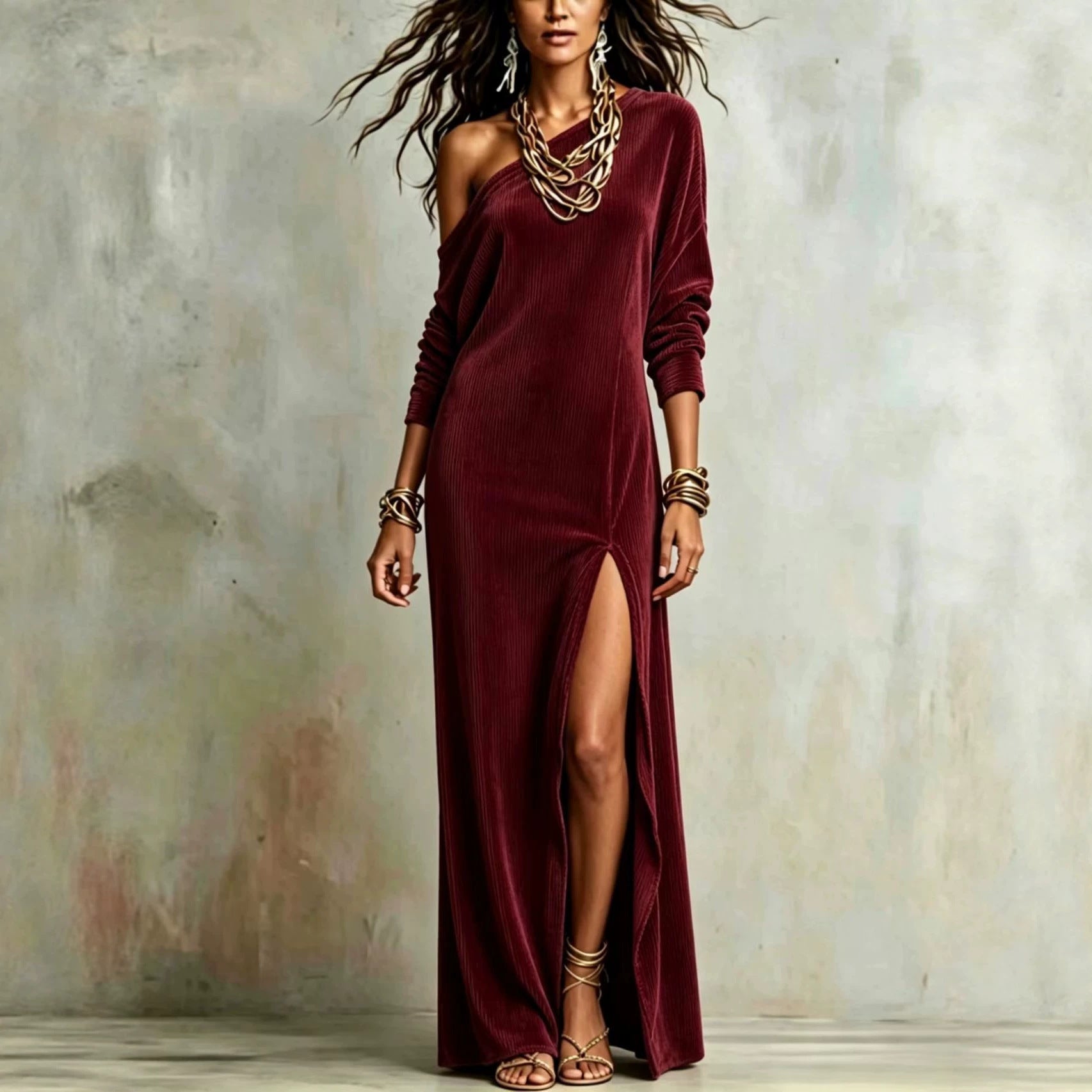 Corduroy-Kleid mit Off-Shoulder-Design