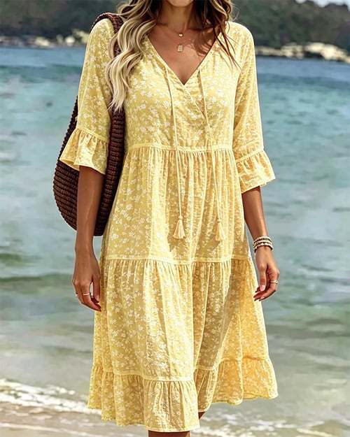 Bedrucktes V-Ausschnitt Midikleid mit 3/4-Ärmeln – Bild 5 | LuxeStyle