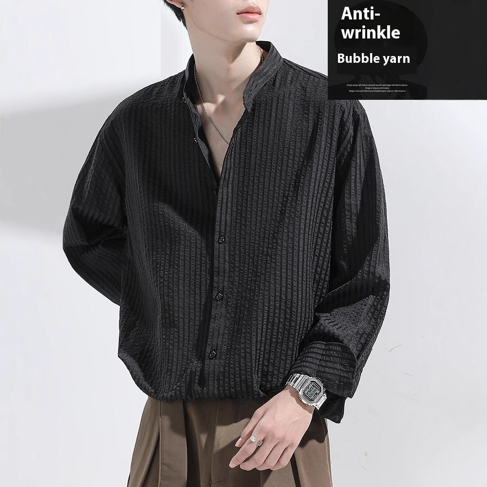 Herren Seersucker Langarmhemd Schwarz | LuxeStyle