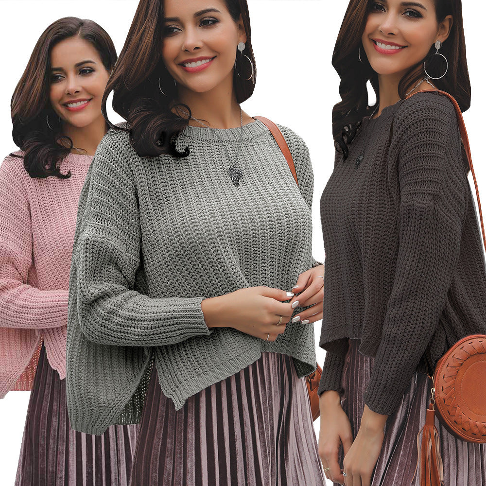 Unifarbener Strickpullover mit Rundhals