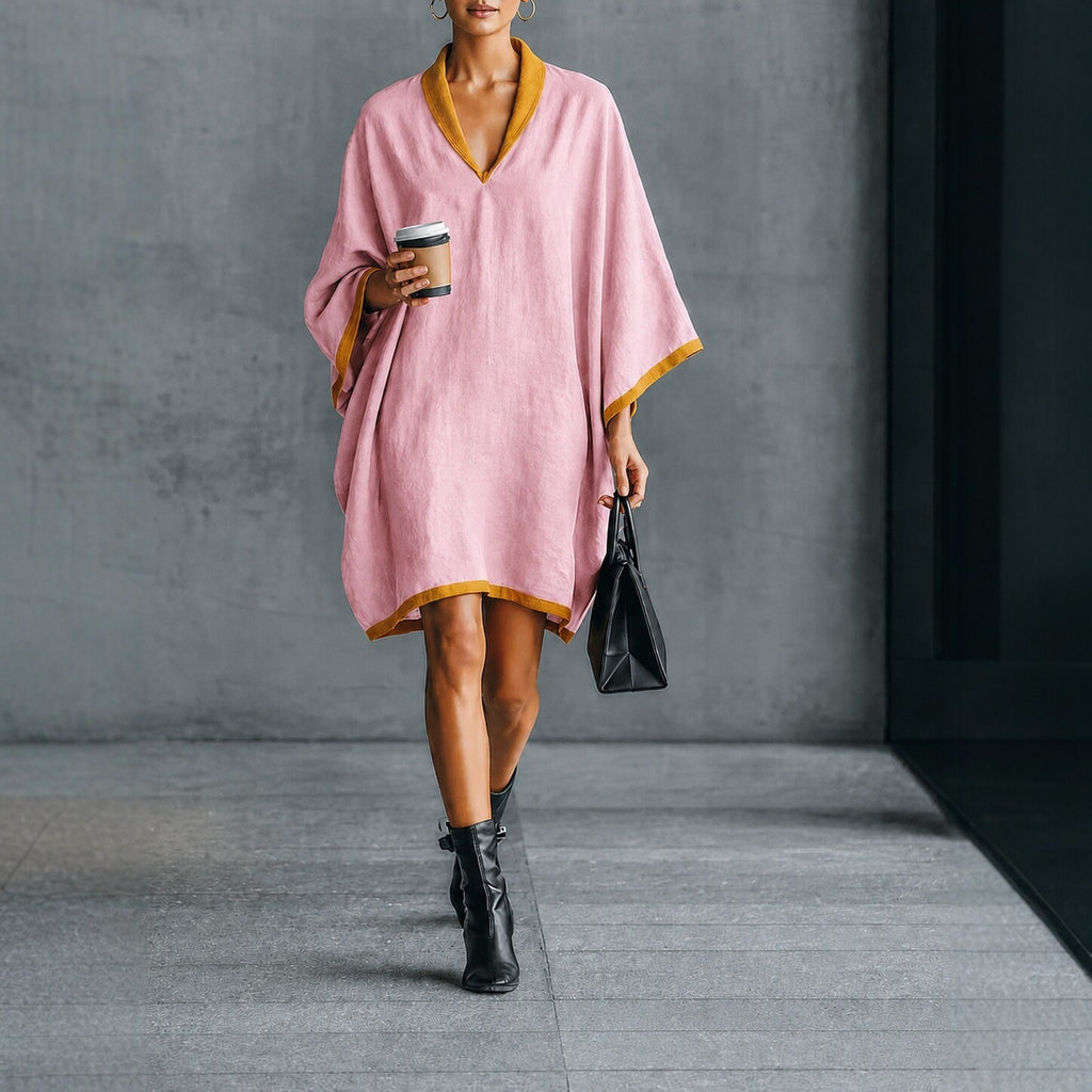 Leinen-Mix V-Ausschnitt Kleid mit Fledermausärmeln – Bild 6 | LuxeStyle