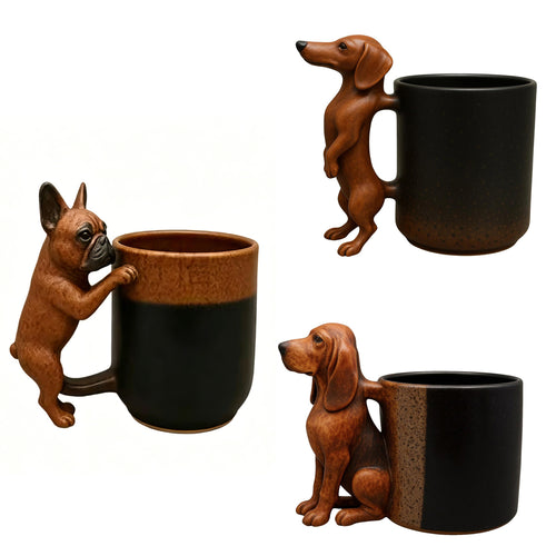Keramik-Tassen mit handbemalten 3D-Hundefiguren am Henkel