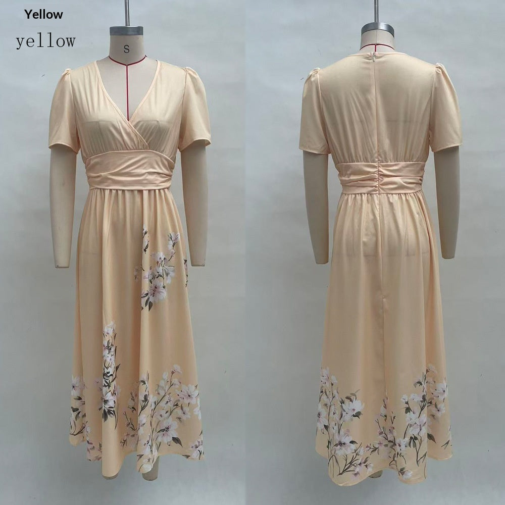 Lange Blumen-Kleid mit V-Hals