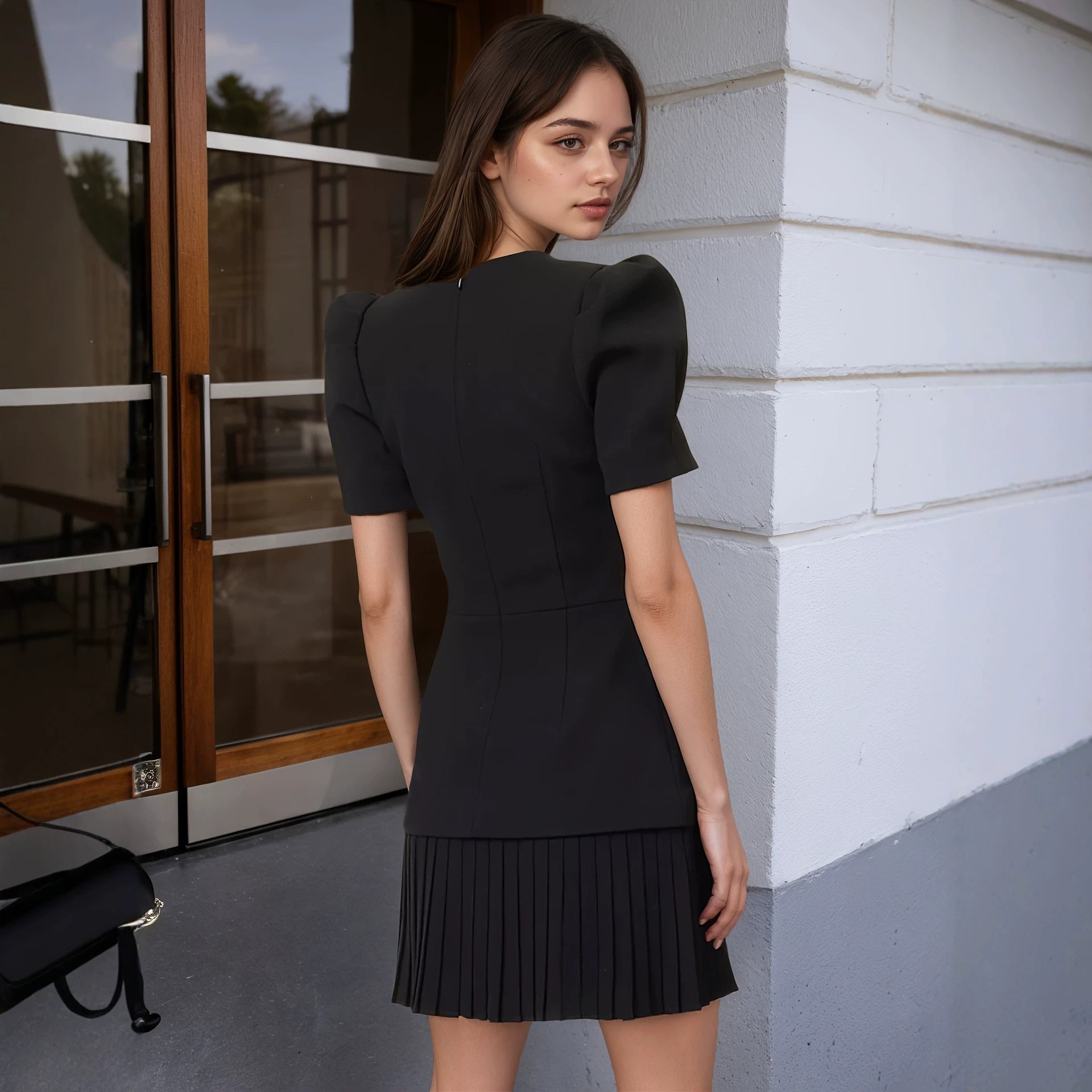Elegantes Plissiertes V-Neck Kurzarm-Kleid