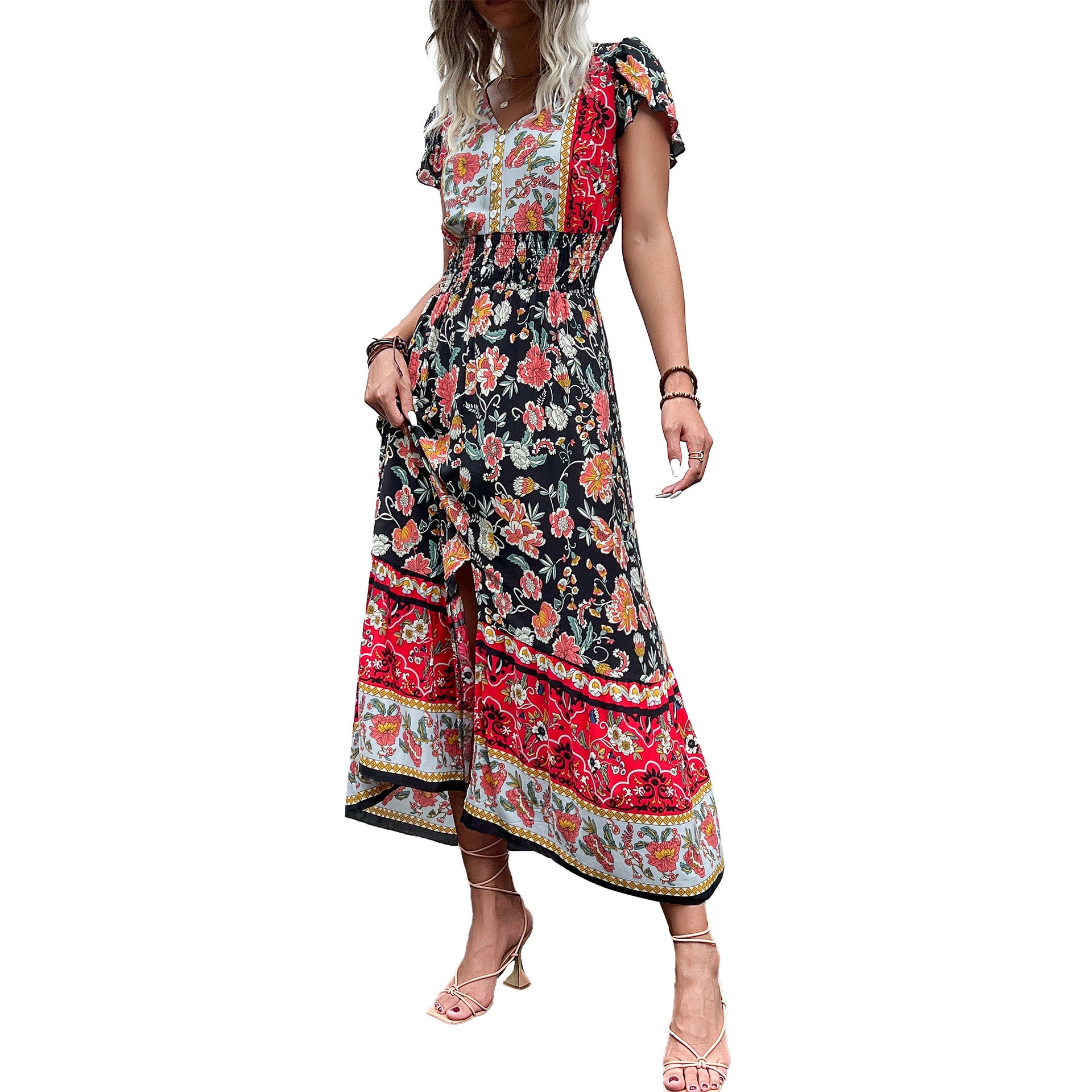 Midi-Kleid mit Blumenmuster und Schlitz