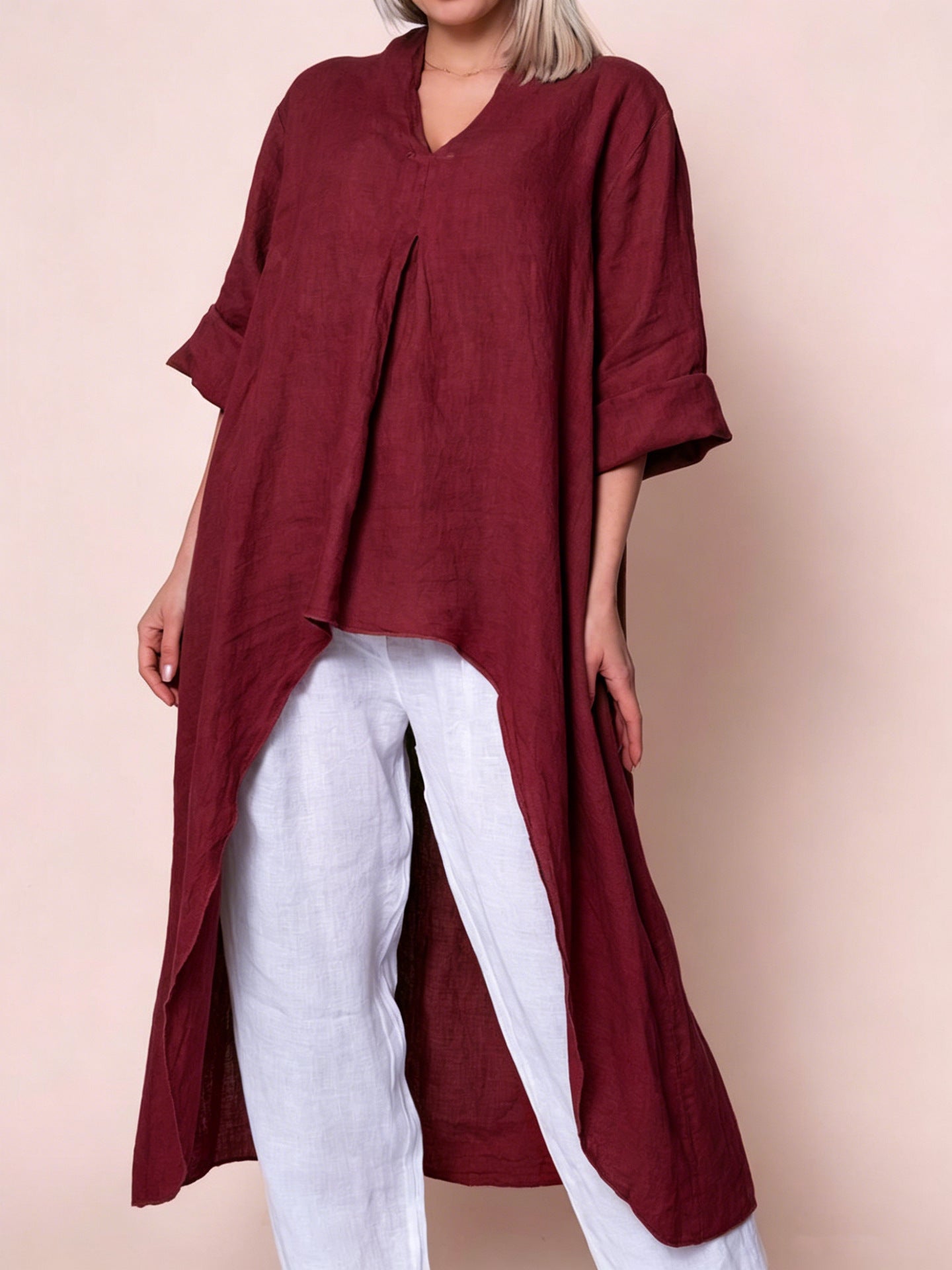 V-Neck Langarmshirt mit asymmetrischem Saum