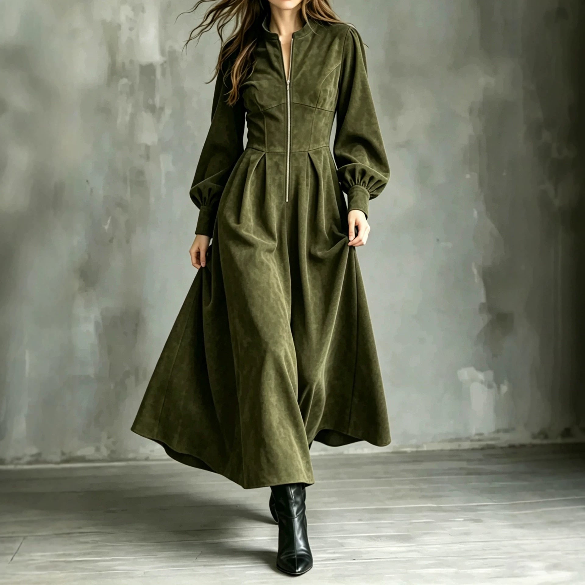 Midikleid mit Laternenärmeln und Reissverschluss