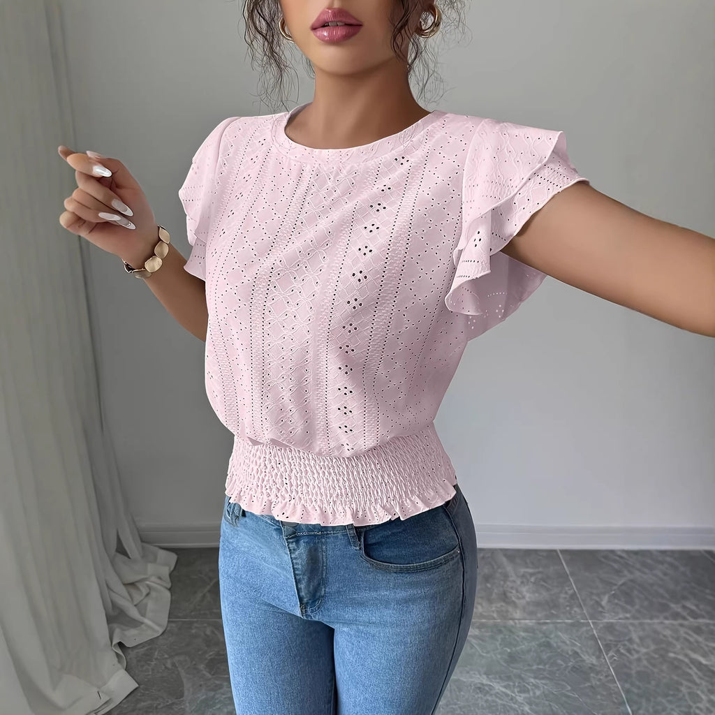 Damen Top mit Rundhals und Raffärmeln