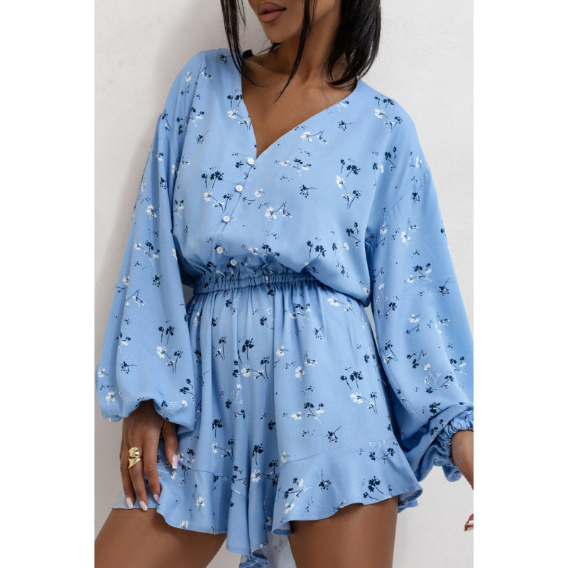 Bedruckter V-Ausschnitt Langarm Jumpsuit